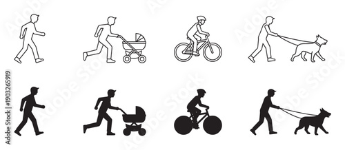 Black and white icon set depicting people in various outdoor activities like walking, cycling, pushing a stroller, and walking a dog, presented in both outline and silhouette styles