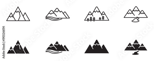 Set of black mountain range icons in line art and solid silhouette styles showing peaks with trees, rivers, and water for adventure and travel concepts
