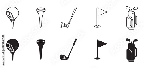 Set of black golf equipment icons showing a ball on a tee, club, flag, and bag in two different styles, outline and solid silhouette for graphic design