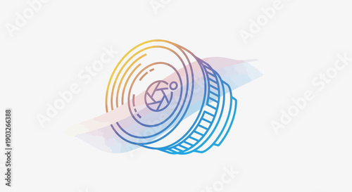 Minimalist line art illustration of a camera lens with a vibrant gradient outline perfect for