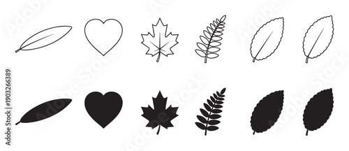 Collection of black leaf and heart icons presented in outline and solid silhouette styles, including maple, fern, and other simple foliage shapes for graphic design elements