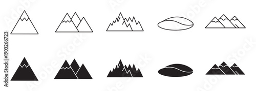 Collection of minimalist mountain and coffee bean icons presented in both outline and solid silhouette styles, perfect for modern logo design and user interface elements