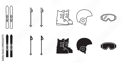 Collection of black ski equipment icons showing skis, poles, boots, a helmet, and goggles in both outline and solid silhouette styles for winter sports graphic design