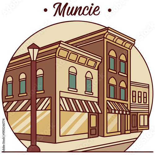 Vintage Style Muncie City Building Illustration in Circle Frame
