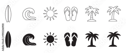 Collection of black summer vacation icons including a surfboard, ocean wave, sun, flip-flops, and palm tree, presented in both simple outline and solid silhouette styles