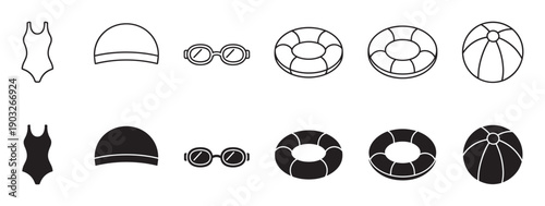 Swimming and summer vacation icon set featuring a swimsuit, cap, goggles, lifebuoy, and beach ball in both outline and solid glyph styles for graphic design