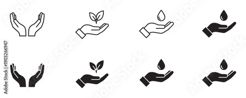 Set of black minimalist icons showing hands, a plant sprout, and a water drop, representing concepts of care, environment, sustainability, and resource conservation in line and solid styles