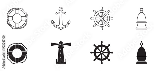 Collection of eight black nautical icons including a lifebuoy, anchor, ship's wheel, buoy, and lighthouse shown in outline and solid silhouette vector styles