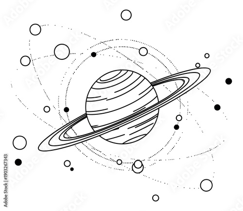 Line art illustration of saturn depicting celestial bodies and orbits for astronomy