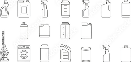 Cleaning products and detergent containers line icons set with plastic bottles household supplies vector illustration design packaging symbols