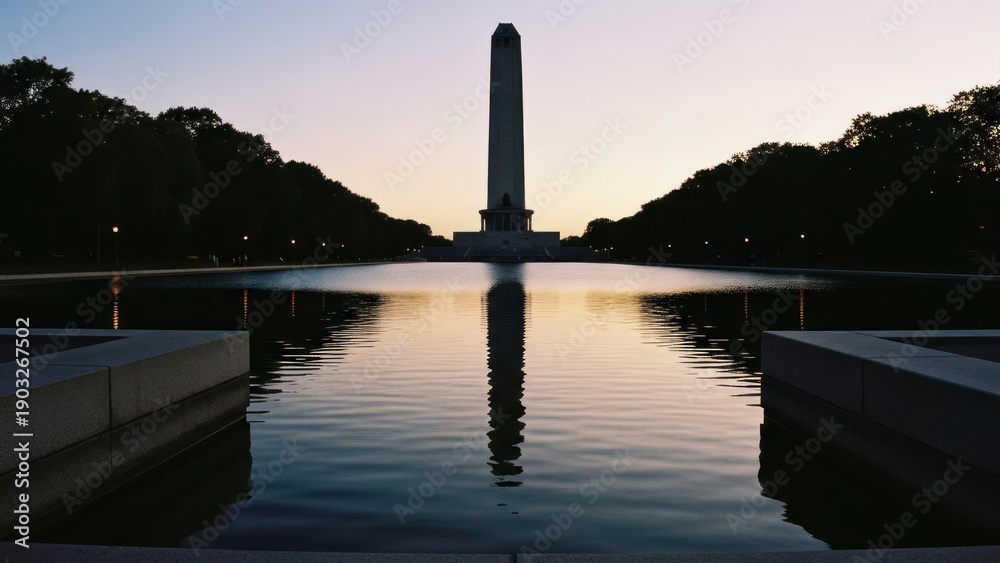 Obraz premium Monument reflects in pool, framed by symmetrical ledges, trees under soft twilight sky
