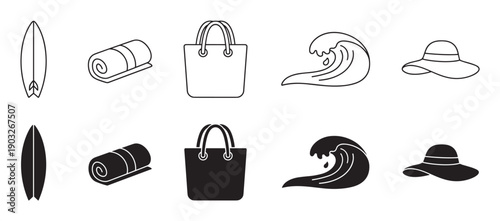 Black and white summer vacation icons featuring a surfboard, rolled towel, beach bag, ocean wave, and sun hat in simple line art and solid glyph styles