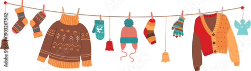 Drying winter clothes hanging on rope. Cartoon clothing