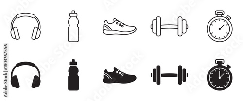 Set of black fitness icons showing headphones, a water bottle, sneaker, dumbbell, and stopwatch in two styles, simple line art and solid silhouette for a workout concept