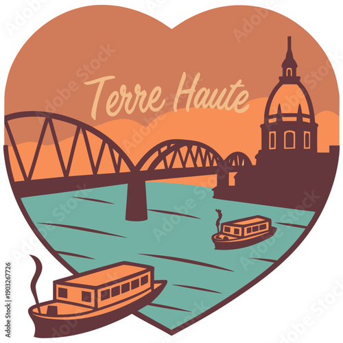 Terre Haute Indiana Vintage Style Heart Illustration with River and Bridge