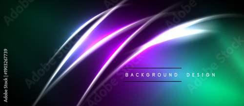 Abstract neon lines over dark background. Vibrant purple, teal hues create dynamic visual effect. Modern design element.