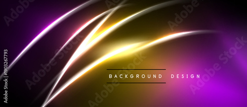 Abstract neon lines create vibrant gradient. Purple, yellow hues dominate dark background. Modern design element.