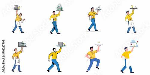 Dynamic Collection of Waiters Serving Food and Drinks on Trays, Illustrating Professional Restaurant Staff and Hospitality Service.