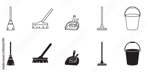 Cleaning tool icons set with broom, mop, bucket, dustpan, and brush in two styles, simple line art and black silhouette for housekeeping or janitorial service concepts