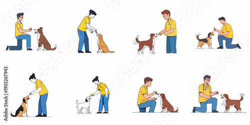 Set of illustrations showing people rewarding and training various dog breeds with treats, emphasizing positive reinforcement and pet care bonding.