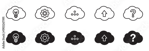 Cloud computing icon collection with data storage and network service symbols including a lightbulb, gear, upload arrow, and question mark in a simple black and white vector design