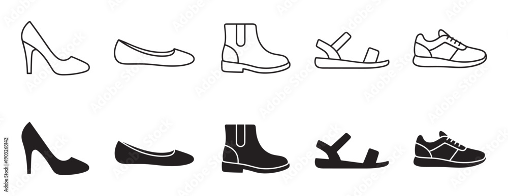 Fototapeta premium Collection of women's shoe icons in two styles, featuring a high heel, ballet flat, boot, sandal, and sneaker as both line art and solid black silhouettes for graphic design