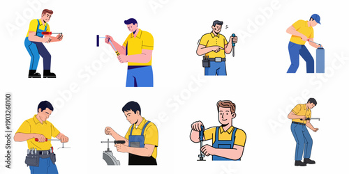 Set of eight cartoon illustrations depicting professional repairmen and handymen using various screwdrivers for fixing, assembly, maintenance, and construction tasks.