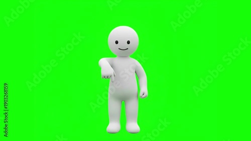 3D Claymation Human Character Pointing Downward Gesture on Green Screen Background Cute Minimal Icon Style Animation 4K
