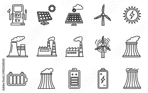 Line art energy and power set featuring electric vehicle charging, solar panels, wind turbines, power plants, and batteries for industry and sustainability