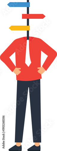 Businessman confusion multiple directions difficult decision career choice signpost head business strategy finding direction corporate dilemma flat design uncertainty concept