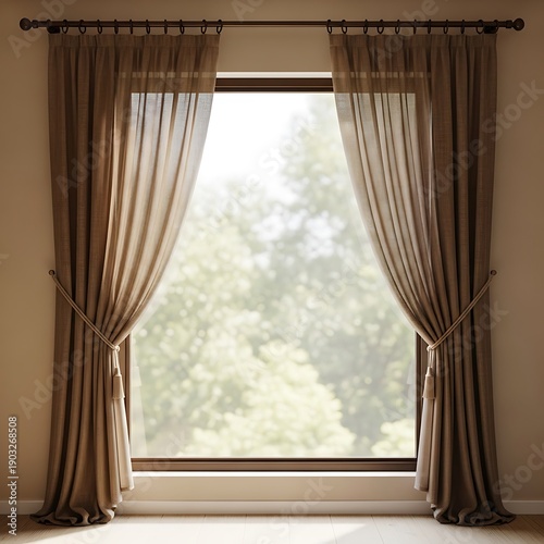 Window with long, draped curtains offering a scenic view outdoors