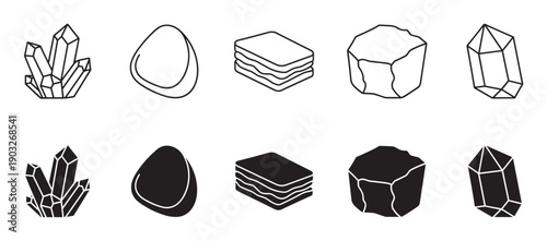 Set of black crystal and gem icons in minimalist line art and solid silhouette styles showing various shapes like clusters, pebbles, and faceted stones for graphic design