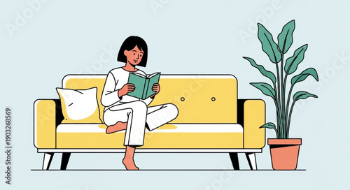 Woman reading a book while sitting on a yellow couch.