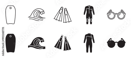 Set of black water sports icons featuring a bodyboard, wave, flippers, wetsuit, and sunglasses in both line art and solid silhouette styles for graphic design elements
