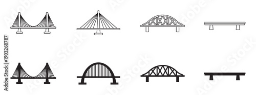 Collection of various bridge icons presented in two styles, line art and solid silhouette, showcasing different architectural designs like suspension, arch, and truss structures