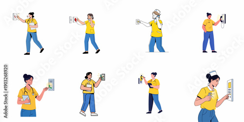 Healthcare Staff Vector Set Interacting with Nurse Call Systems and Hospital Communication Technology for Patient Safety and Response.