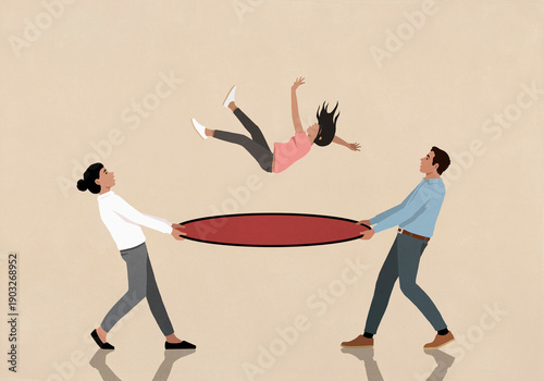 Parents holding safety net under falling daughter