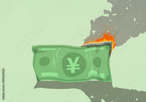 Large Chinese Yen paper bill burning on green background
