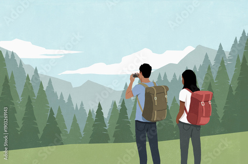 Couple with camera enjoying backpacking vacation, photographing scenic mountain view