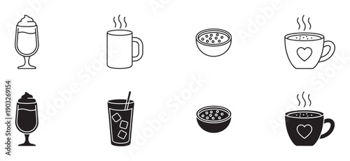Set of minimalist coffee and beverage icons featuring latte, tea, soup, and iced drinks, presented in both thin line art and solid black glyph styles