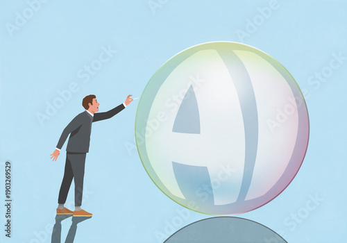 Businessman with pin popping AI bubble on blue background