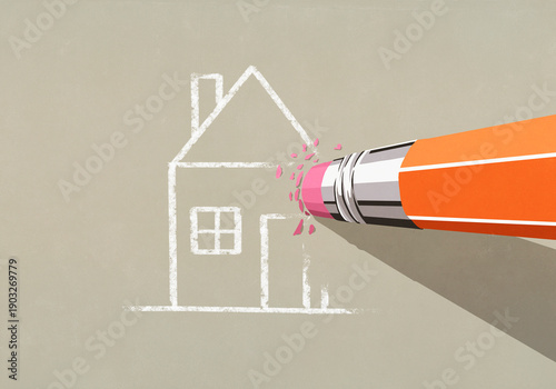 Pencil eraser erasing chalk house drawing