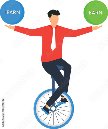 Businessman balancing learning earning skills development financial success career growth professional man riding unicycle conceptual metaphor