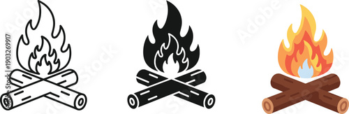 Campfire flame icon set with crossed logs in outline, solid black and color styles for camping, outdoor adventure and fire safety design