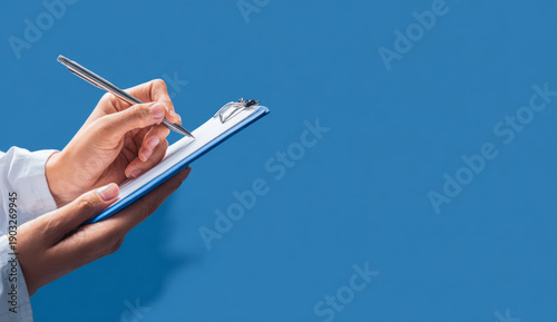 Person's hand writing on a white paper with a silver ballpoint pen held in a person's hand, on a clipboard with a blue background