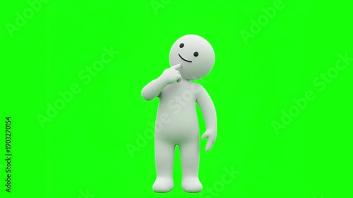 3D Claymation Human Character Thinking Pose with Hand on Chin on Green Screen Minimal Cute Icon Style 4K Animation
