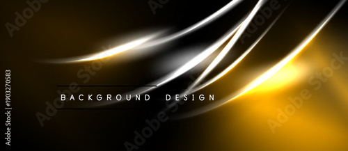 Abstract golden lines over black background. Dynamic curves create modern visual effect. Text reads background design. Simple, elegant presentation.