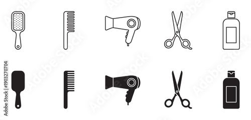 Hairdressing and hair care icon set with a brush, comb, hairdryer, scissors, and shampoo bottle in two styles, line art and solid black glyph for graphic design