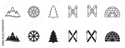 Minimalist winter icon set with nature and sport symbols including mountain, snowflake, tree, skis, and igloo, designed in clean outline and solid black styles