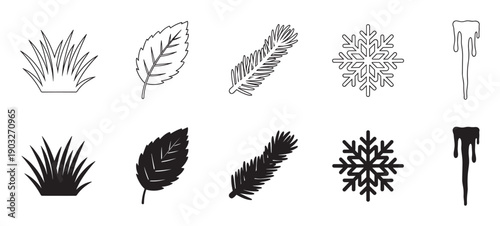 Minimalist seasonal nature icon set with grass, leaf, pine, snowflake, and icicle elements shown in two graphic styles, a simple black line art and a solid silhouette